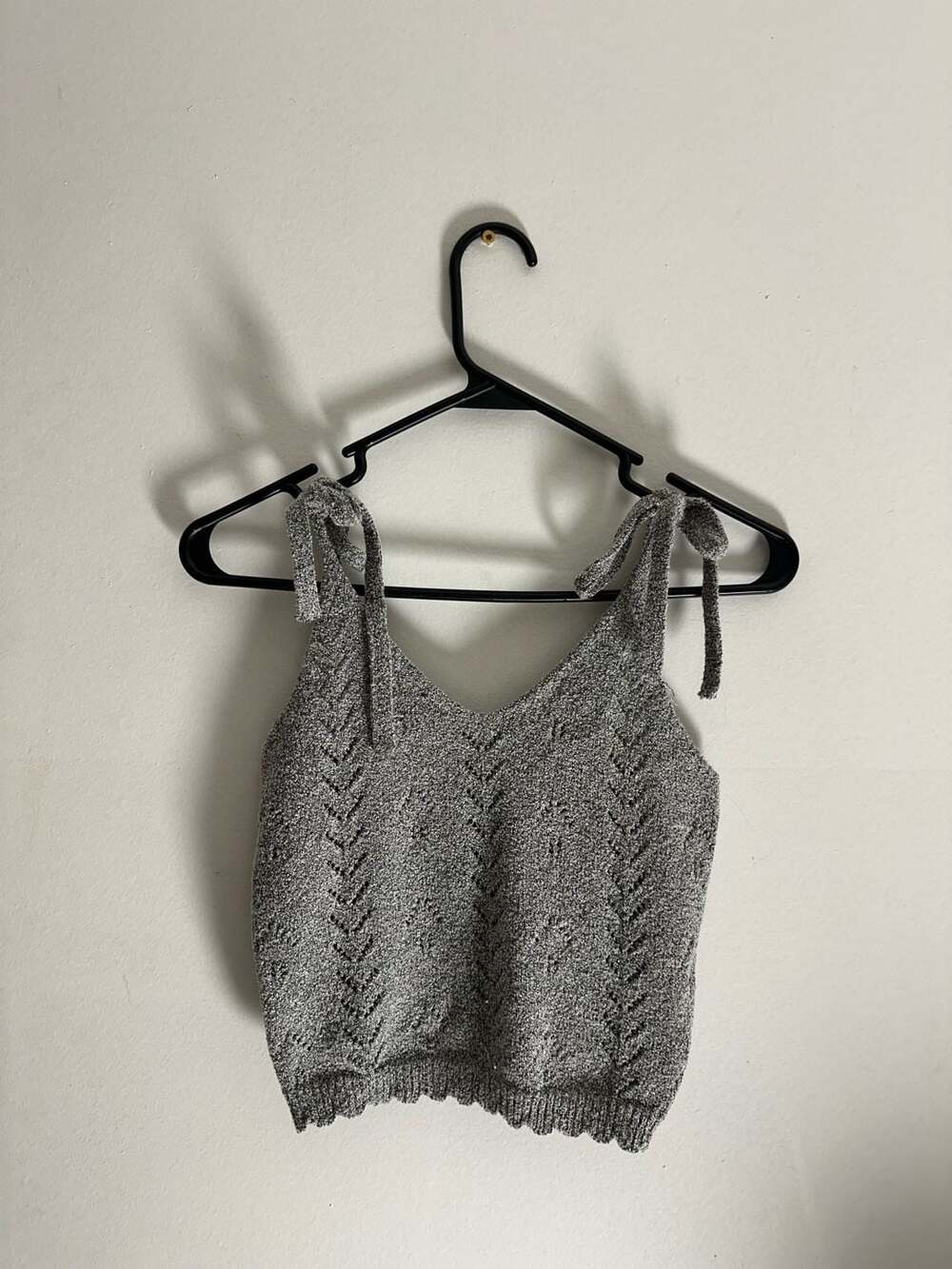 Mustard Seed Grey Pointelle Knit Tie-Strap Crop Top Size M